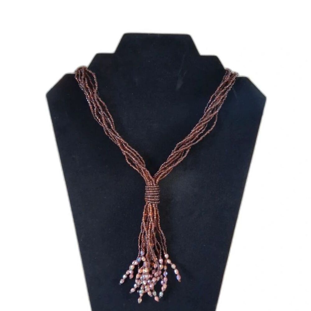 Brown Iridescent Seed Bead Multi Strand Knotted Tassel Lariat Statement Necklace
